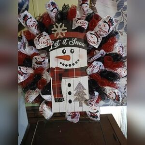 Handmade 14" Festive Snowman Holiday Wreath - Red, Black, White